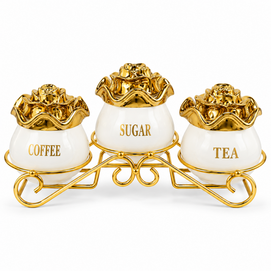 Luxury 3-Piece White & Gold Coffee, Sugar & Tea Canister Set with Floral Lids & Decorative Metal Stand