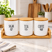 3-Piece White Sugar, Tea & Coffee Kitchen Canister Set with Bamboo Lids & Matching Tray