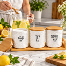3-Piece White Sugar, Tea & Coffee Kitchen Canister Set with Bamboo Lids & Matching Tray