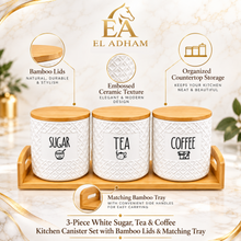 3-Piece White Sugar, Tea & Coffee Kitchen Canister Set with Bamboo Lids & Matching Tray