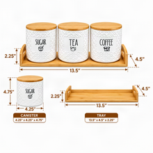 3-Piece White Sugar, Tea & Coffee Kitchen Canister Set with Bamboo Lids & Matching Tray