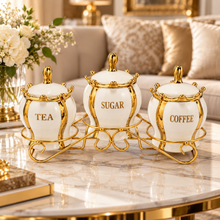 Luxury White & Gold Coffee, Tea & Sugar Canister Set with Metal Stand