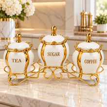 Luxury White & Gold Coffee, Tea & Sugar Canister Set with Metal Stand