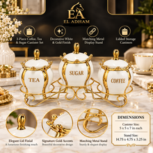 Luxury White & Gold Coffee, Tea & Sugar Canister Set with Metal Stand