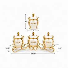 Luxury White & Gold Coffee, Tea & Sugar Canister Set with Metal Stand
