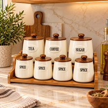 7-Piece Cream Tea, Coffee, Sugar & Spice Canister Set with Wooden Lids & Storage Stand