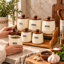7-Piece Cream Tea, Coffee, Sugar & Spice Canister Set with Wooden Lids & Storage Stand