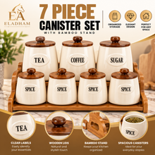 7-Piece Cream Tea, Coffee, Sugar & Spice Canister Set with Wooden Lids & Storage Stand
