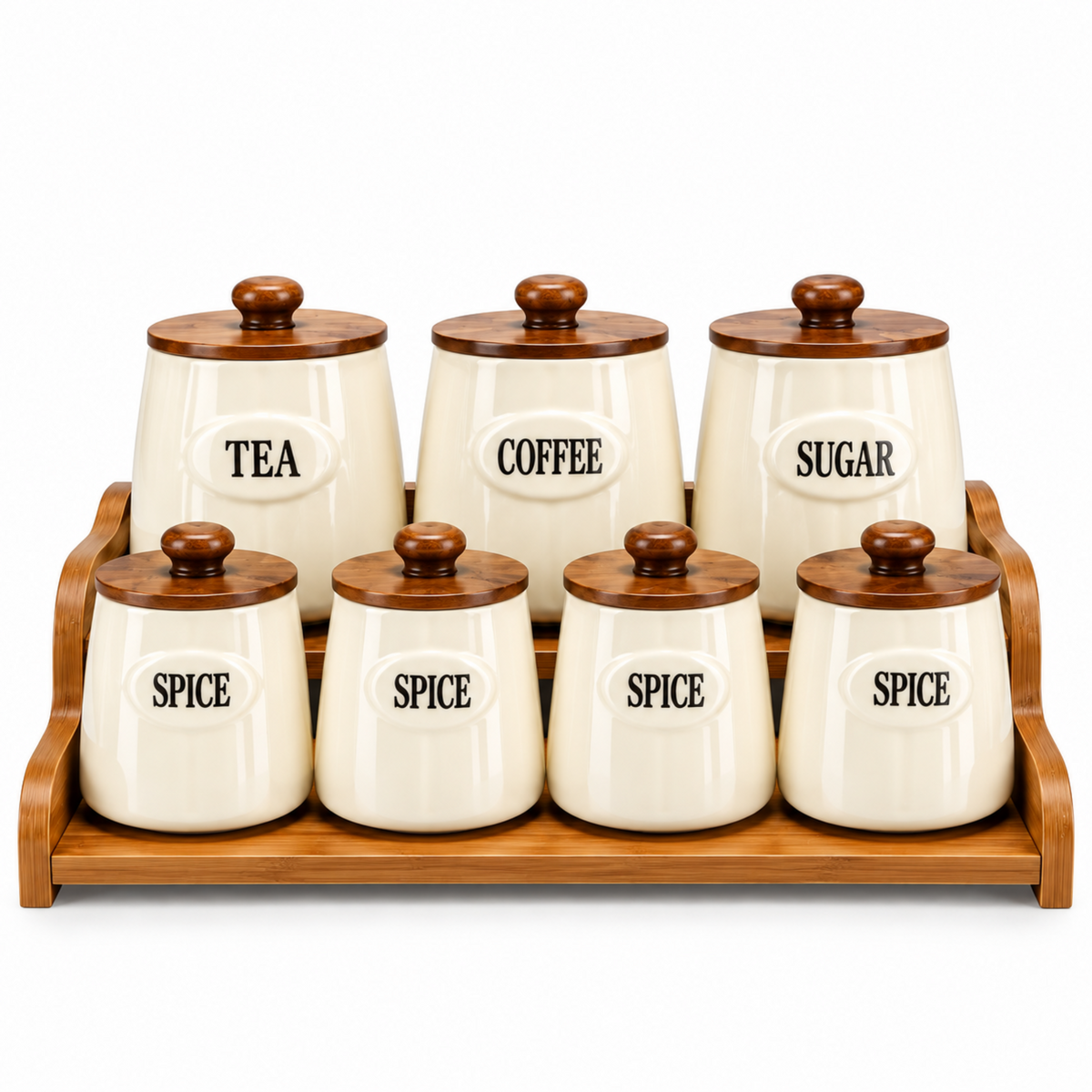 7-Piece Cream Tea, Coffee, Sugar & Spice Canister Set with Wooden Lids & Storage Stand