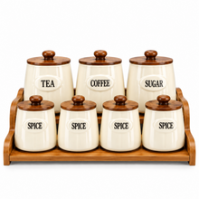 7-Piece Cream Tea, Coffee, Sugar & Spice Canister Set with Wooden Lids & Storage Stand
