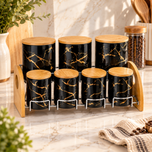 7-Piece Black & Gold Marble-Design Kitchen Canister Set with Bamboo Lids & Two-Tier Storage Rack