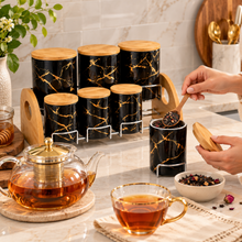 7-Piece Black & Gold Marble-Design Kitchen Canister Set with Bamboo Lids & Two-Tier Storage Rack