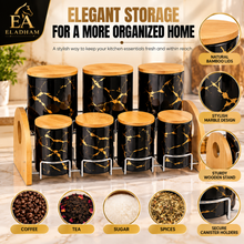 7-Piece Black & Gold Marble-Design Kitchen Canister Set with Bamboo Lids & Two-Tier Storage Rack