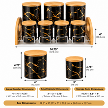 7-Piece Black & Gold Marble-Design Kitchen Canister Set with Bamboo Lids & Two-Tier Storage Rack