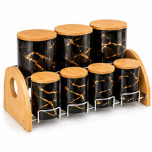 7-Piece Black & Gold Marble-Design Kitchen Canister Set with Bamboo Lids & Two-Tier Storage Rack