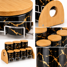 7-Piece Black & Gold Marble-Design Kitchen Canister Set with Bamboo Lids & Two-Tier Storage Rack