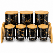 7-Piece Black & Gold Marble-Design Kitchen Canister Set with Bamboo Lids & Two-Tier Storage Rack