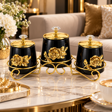 3-Piece Black & Gold Floral Kitchen Canister Set with Decorative Metal Stand & Crystal-Style Lid Knobs