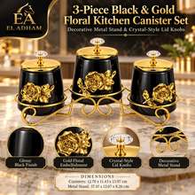 3-Piece Black & Gold Floral Kitchen Canister Set with Decorative Metal Stand & Crystal-Style Lid Knobs