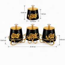 3-Piece Black & Gold Floral Kitchen Canister Set with Decorative Metal Stand & Crystal-Style Lid Knobs