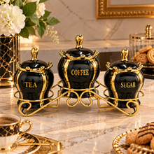 Luxury 3-Piece Black & Gold Coffee, Tea & Sugar Canister Set with Decorative Metal Stand