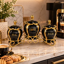 Luxury 3-Piece Black & Gold Coffee, Tea & Sugar Canister Set with Decorative Metal Stand