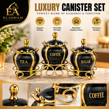 Luxury 3-Piece Black & Gold Coffee, Tea & Sugar Canister Set with Decorative Metal Stand