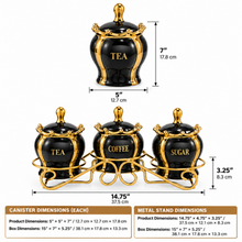 Luxury 3-Piece Black & Gold Coffee, Tea & Sugar Canister Set with Decorative Metal Stand