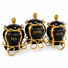Luxury 3-Piece Black & Gold Coffee, Tea & Sugar Canister Set with Decorative Metal Stand