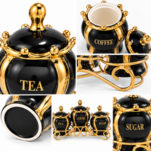 Luxury 3-Piece Black & Gold Coffee, Tea & Sugar Canister Set with Decorative Metal Stand