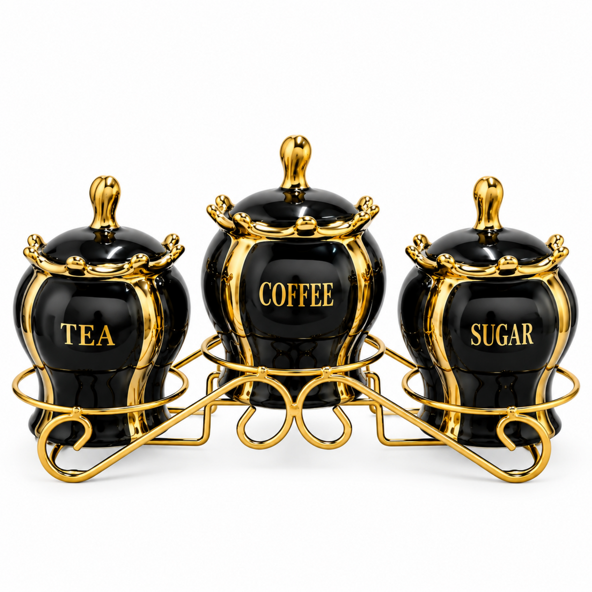 Luxury 3-Piece Black & Gold Coffee, Tea & Sugar Canister Set with Decorative Metal Stand