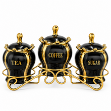 Luxury 3-Piece Black & Gold Coffee, Tea & Sugar Canister Set with Decorative Metal Stand