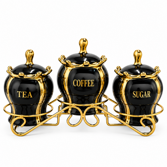Luxury 3-Piece Black & Gold Coffee, Tea & Sugar Canister Set with Decorative Metal Stand