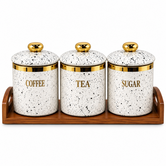 3-Piece White Speckled Coffee, Tea & Sugar Canister Set with Gold Accents, Lids & Wooden Tray