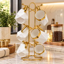 6-Piece White Geometric Ceramic Mug Set with Gold-Tone Rims & Hanging Display Stand