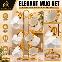 6-Piece White Geometric Ceramic Mug Set with Gold-Tone Rims & Hanging Display Stand