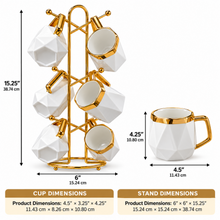 6-Piece White Geometric Ceramic Mug Set with Gold-Tone Rims & Hanging Display Stand