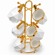 6-Piece White Geometric Ceramic Mug Set with Gold-Tone Rims & Hanging Display Stand