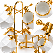 6-Piece White Geometric Ceramic Mug Set with Gold-Tone Rims & Hanging Display Stand