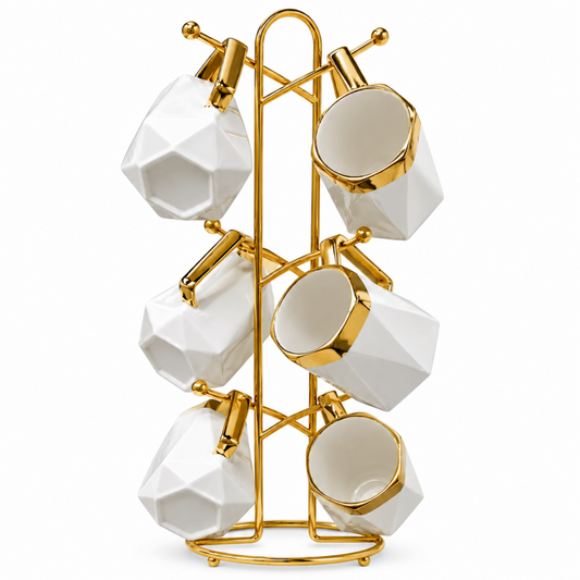 6-Piece White Geometric Ceramic Mug Set with Gold-Tone Rims & Hanging Display Stand