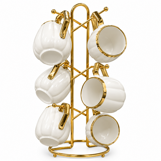 Luxury White & Gold Sculpted Mug Set with Hanging Display Stand, 6-Piece Coffee Cup Set