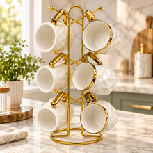 6-Piece White & Gold Textured Coffee Mug Set with Gold Hanging Display Rack