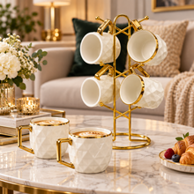 6-Piece White & Gold Textured Coffee Mug Set with Gold Hanging Display Rack