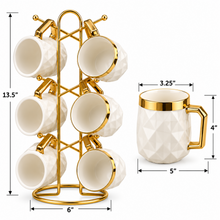 6-Piece White & Gold Textured Coffee Mug Set with Gold Hanging Display Rack