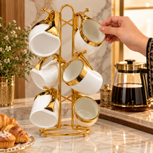Luxury 6-Mug White Ceramic Coffee Set with Gold-Tone Rims & Handles and Hanging Display Stand