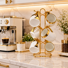 Luxury 6-Mug White Ceramic Coffee Set with Gold-Tone Rims & Handles and Hanging Display Stand