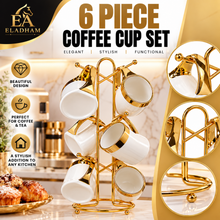 Luxury 6-Mug White Ceramic Coffee Set with Gold-Tone Rims & Handles and Hanging Display Stand