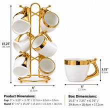 Luxury 6-Mug White Ceramic Coffee Set with Gold-Tone Rims & Handles and Hanging Display Stand