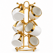 Luxury 6-Mug White Ceramic Coffee Set with Gold-Tone Rims & Handles and Hanging Display Stand