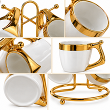Luxury 6-Mug White Ceramic Coffee Set with Gold-Tone Rims & Handles and Hanging Display Stand